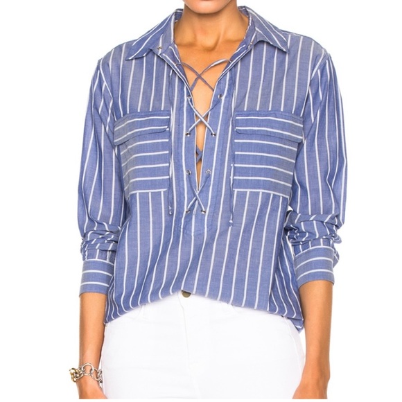 Equipment Tops - EQUIPMENT FEMME Knox Lace Up Blouse in Blue Stripe Sz L NWOT Nautical Coastal